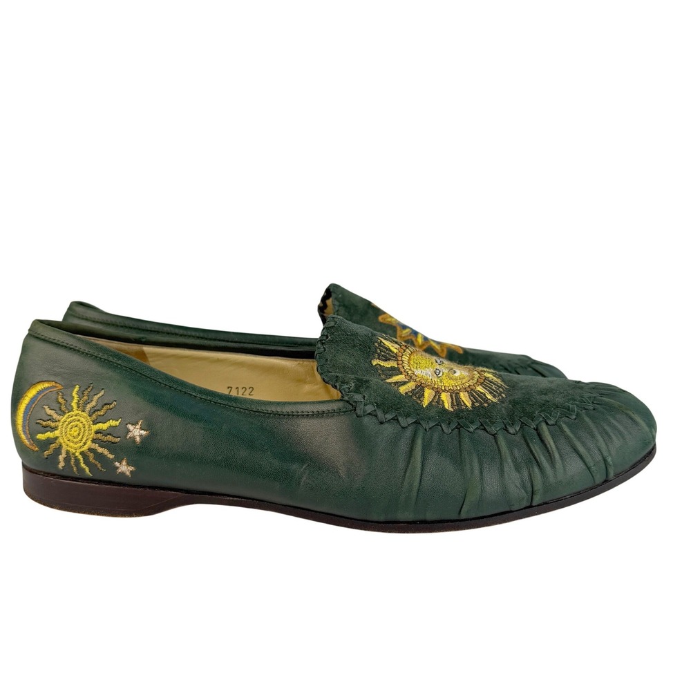 Susan Bennis Warren Edwards Leather Loafers Green Sun Moon Embroidery Italian - Picture 9 of 13